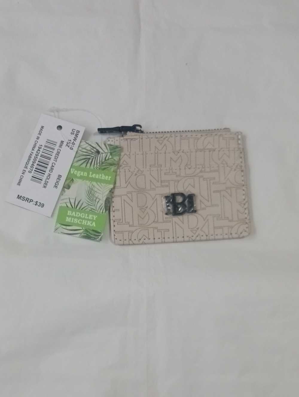 Badgley Mischka Beige Monogram Zip Card Holder with Metal Logo